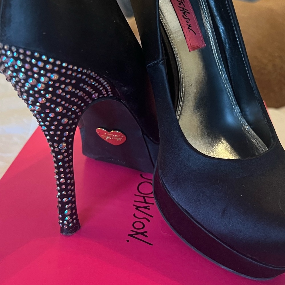 Betsey Johnson Black Satin Heels with Sparkling Accents